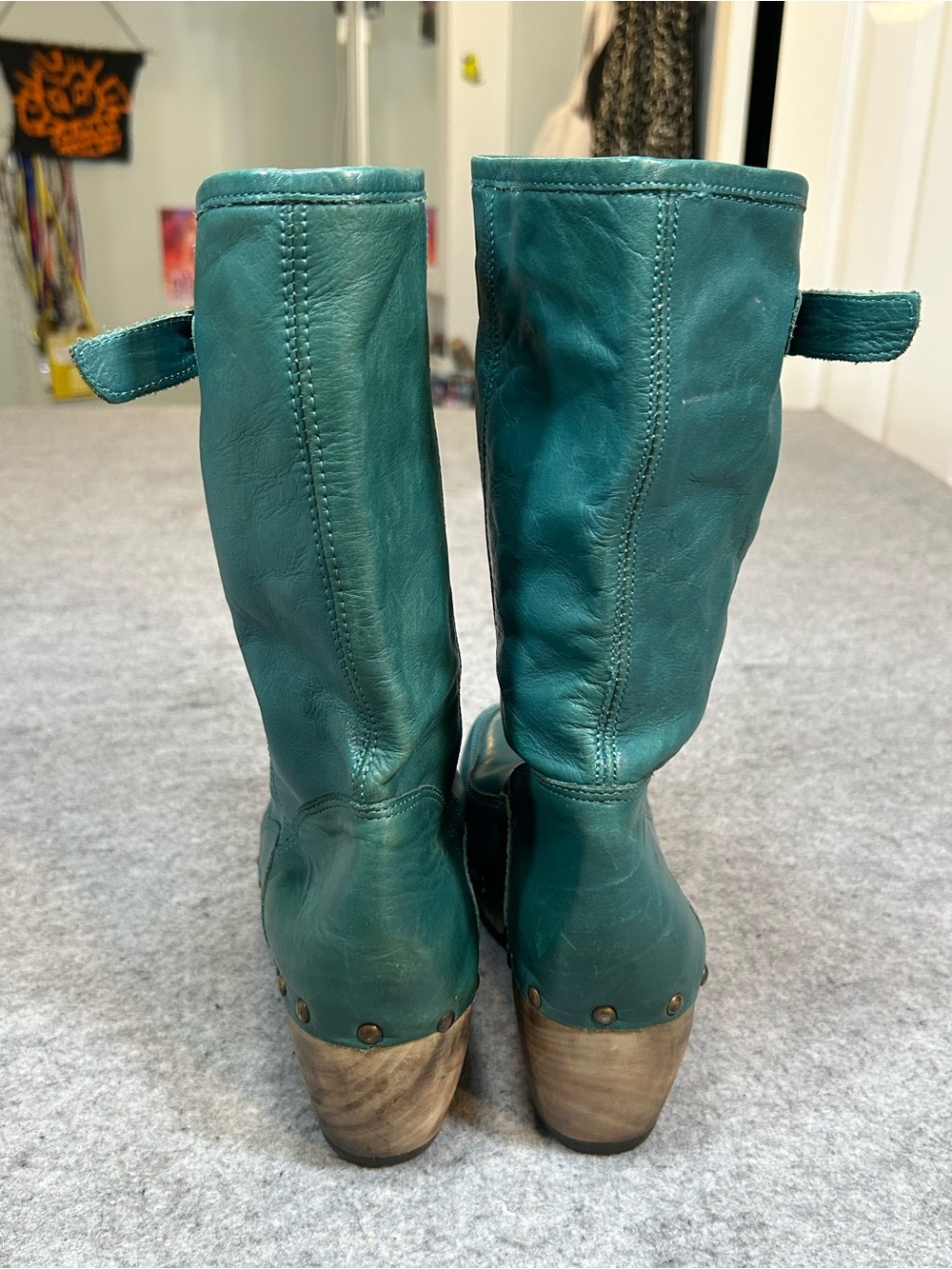 BRONX Wedge buttery teal leather boots studded Round Toe Leather Shoes W 10 eu 4 - Picture 6 of 16